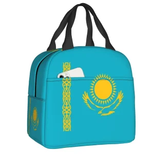 Custom Flag Of Kazakhstan Portable Lunch Box Women Waterproof Thermal Cooler Food Insulated Lunch Bag Office Work